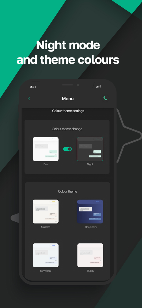 BeProg: Secure messenger - Captura de tela do aplicativo BeProg mostrando o seletor de modo noturno e várias opções de temas de cores como mostarda e azul marinho profundo