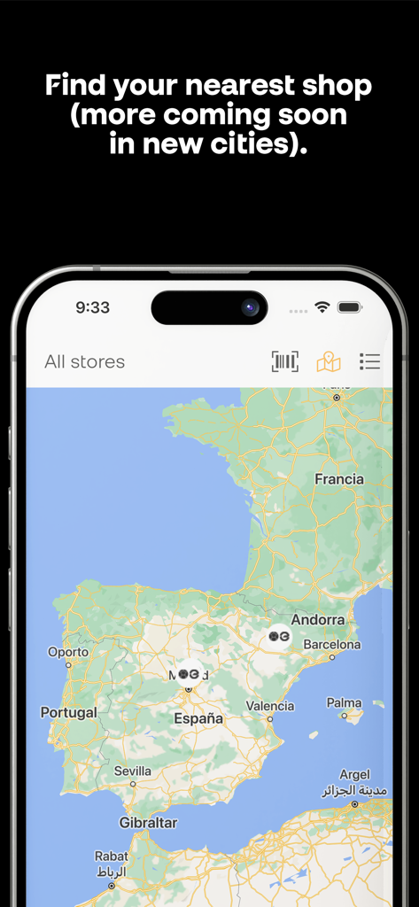 Basketball Emotion - スペインとヨーロッパの地図上に店舗の場所を示すBasketball Emotionアプリの店舗ロケーター。