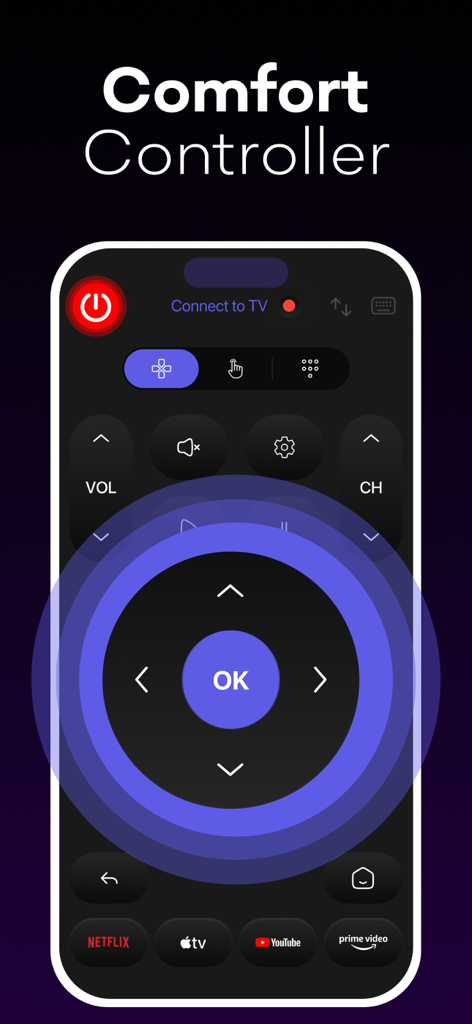 UniRemote: Smart TV Control - Smart TV remote app interface with navigation D-pad and streaming shortcuts