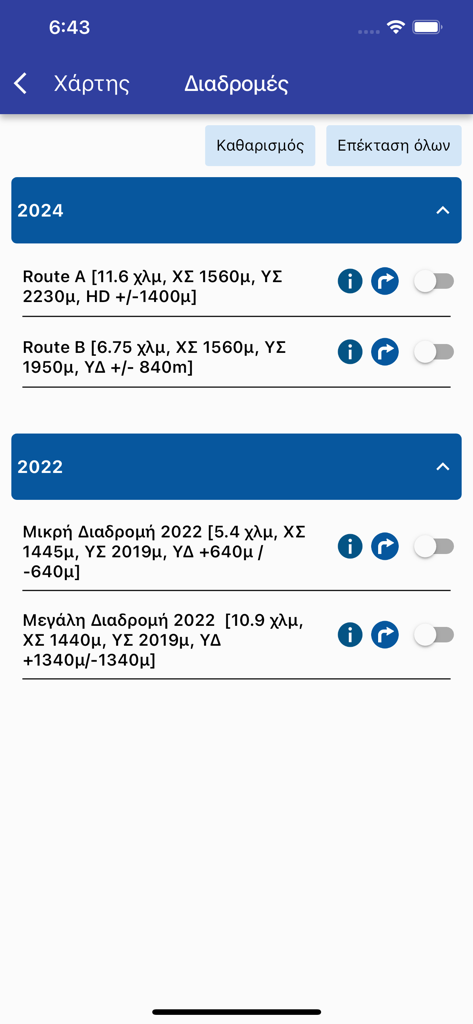 Anavasi mapp - Hiking maps - Anavasi Mapp hiking routes screen showing a list of trails with technical details like distance and elevation
