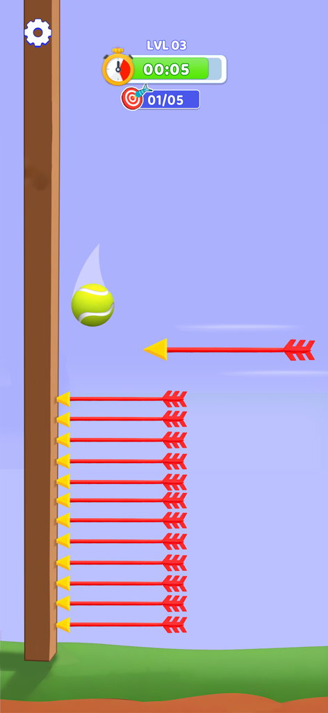 Gameplay of a tricky archery mini game level with arrows and a falling tennis ball