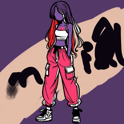 girl in baggy pants crop top and long hair