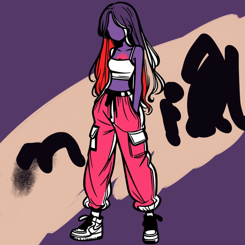 girl in baggy pants crop top and long hair