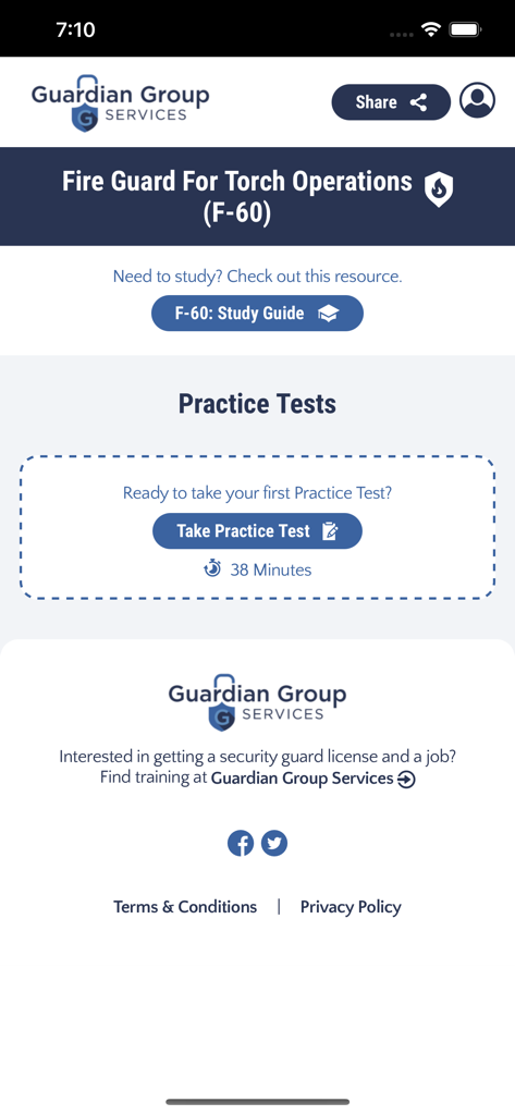 FireGuard for Torch Ops F60 - Pantalla de inicio de la aplicación FireGuard para Torch Ops F60 mostrando opciones de examen de práctica y guía de estudio