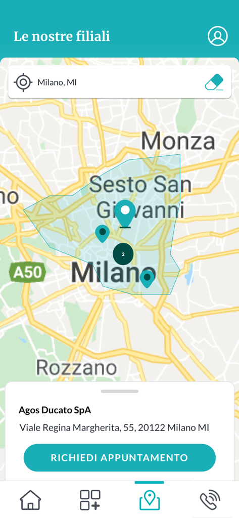 Mappa di localizzazione delle filiali dell'app mobile Agos che mostra le sedi a Milano, Italia