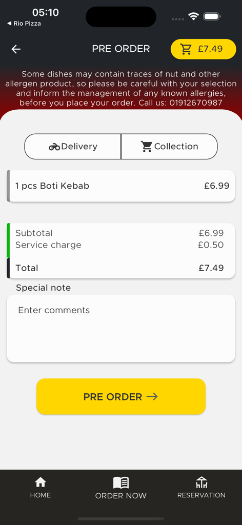 Pre-order screen of the Maida Table Spread app featuring a Boti Kebab order summary and special note section