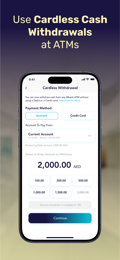 Cardless cash withdrawal screen on the Mbank UAE mobile app