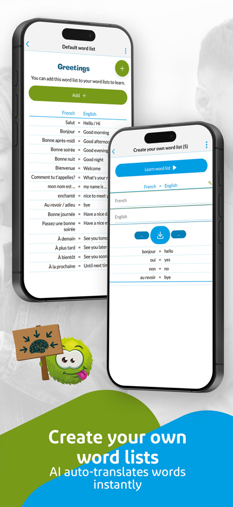 Learn vocabulary with Wozzol - Deux écrans mobiles de l'application Wozzol montrant la création de listes de mots personnalisées en français et en anglais et la traduction par IA