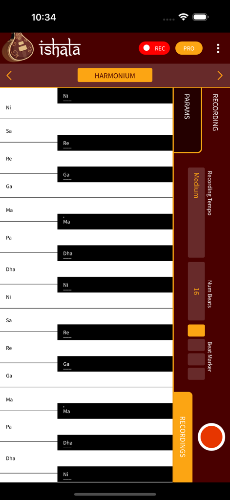 iShala - Clavier d'harmonium vertical dans l'application iShala avec étiquettes de notes indiennes et paramètres d'enregistrement.