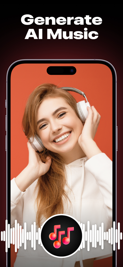 Donna AI Music Song Generator - A woman smiling with headphones on a smartphone screen displaying the text Generate AI Music.