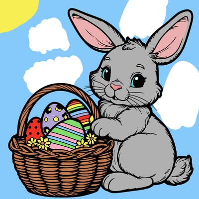 easter bunny with a basket with eggs realistic