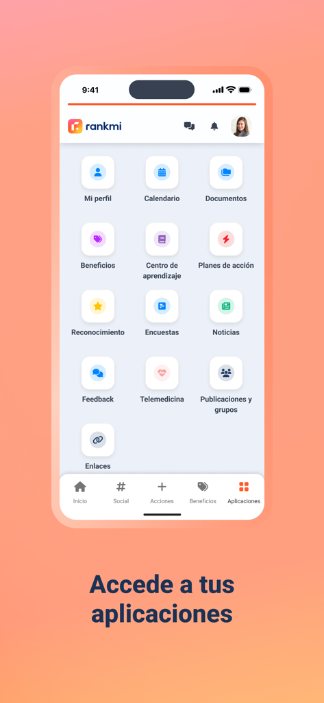 Rankmi - Painel do aplicativo móvel Rankmi mostrando vários recursos de gestão de capital humano, incluindo perfil, benefícios e feedback.