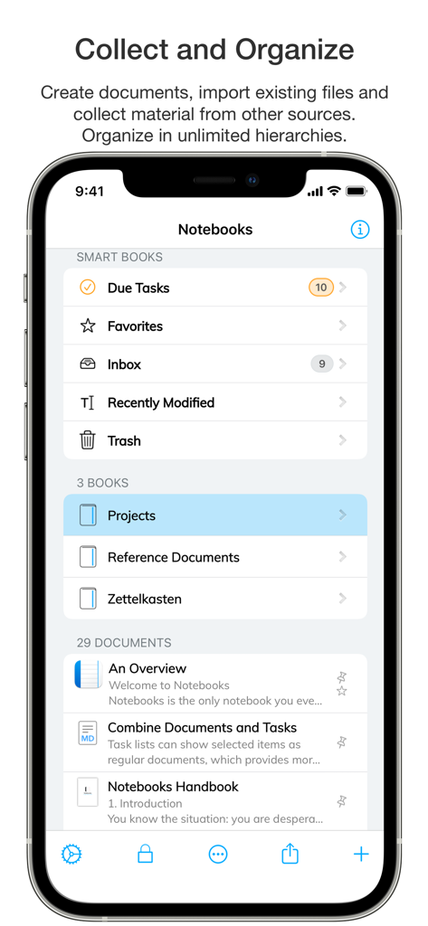 Notebooks – Write and Organize - Main screen of the Notebooks app showing smart books and document organization on an iPhone