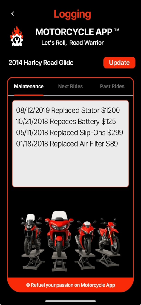 Motorcycle.App - Maintenance log screen for a 2014 Harley Road Glide in the Motorcycle App