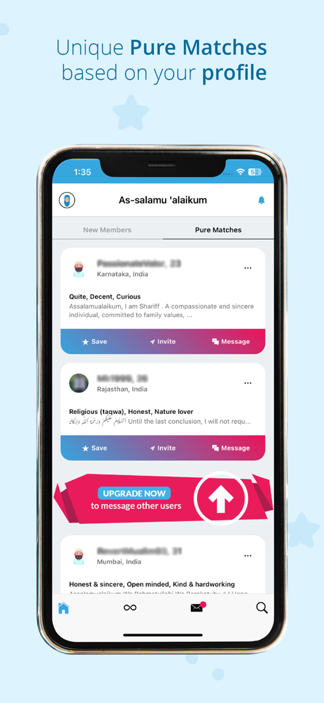 Pure Matrimony - Screenshot of the Pure Matrimony app showing compatible Muslim marriage profiles
