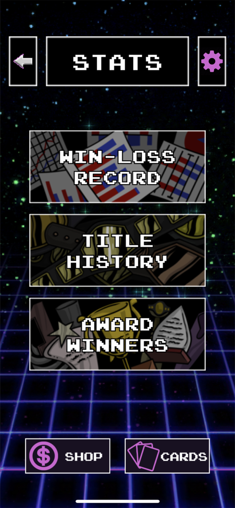 Stats menu of 80s Mania Wrestling Returns showing win loss records and title history