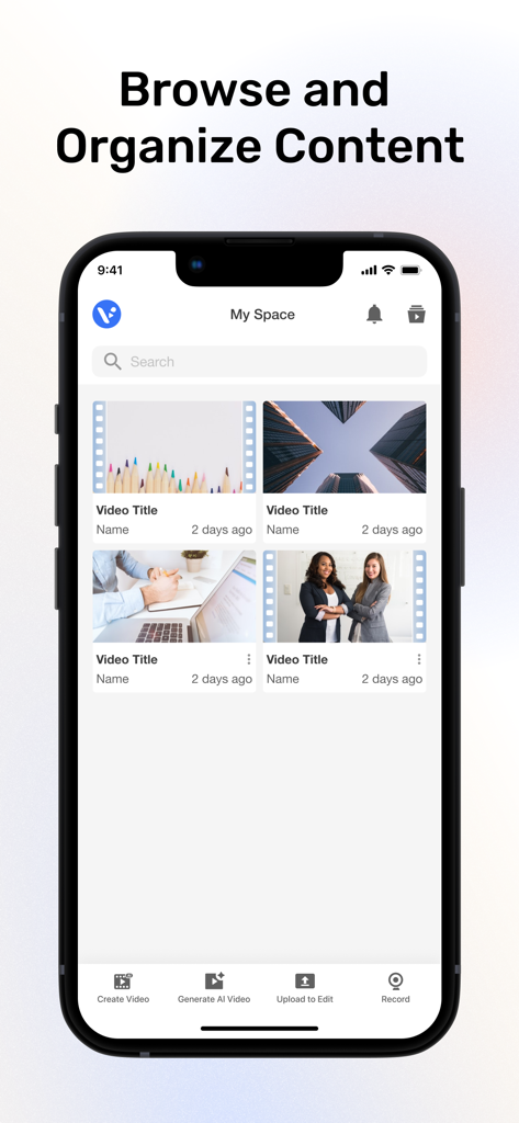 Visla - Interface of Visla app showing a library of video projects in the My Space section