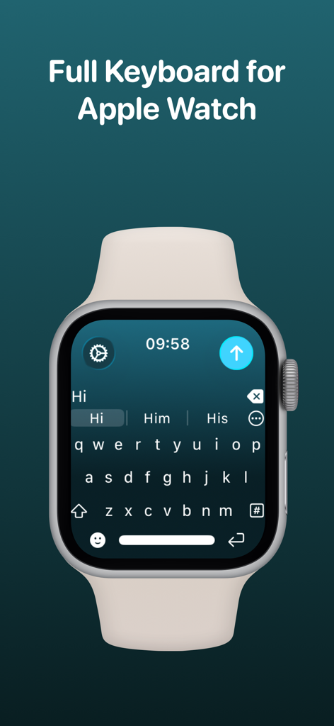 WristBoard - Watch Keyboard - La aplicación WristBoard muestra un teclado QWERTY completo en la pantalla de un Apple Watch.