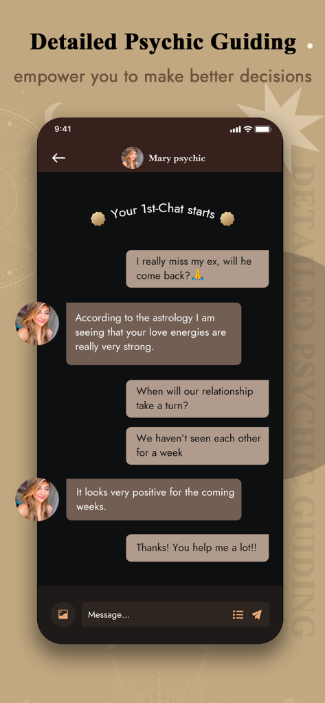 Live chat interface of the Pocket Insight app showing a psychic reading for relationship guidance.