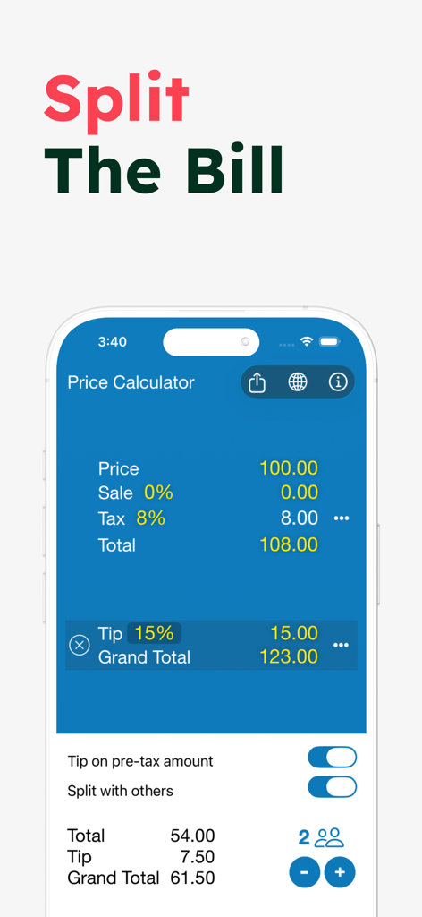Interface of the Sales Tax Discount Calculator app showing a bill split calculation including tax and tip for two people