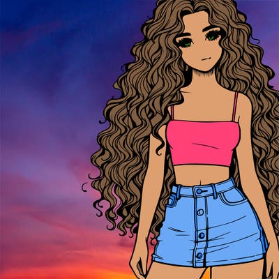 realistic girl with long curly hair with mini skirt and crop top