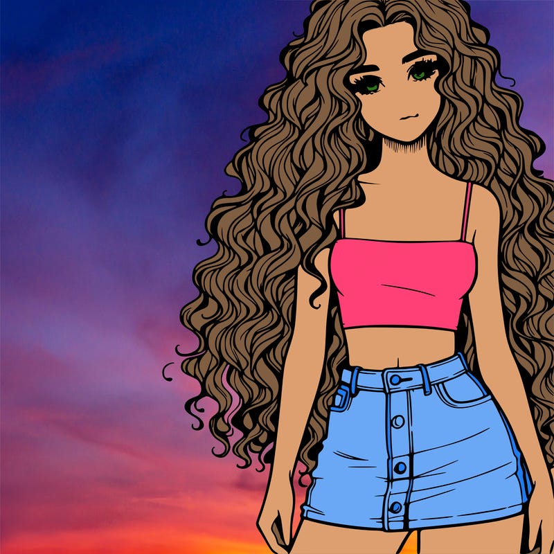 realistic girl with long curly hair with mini skirt and crop top