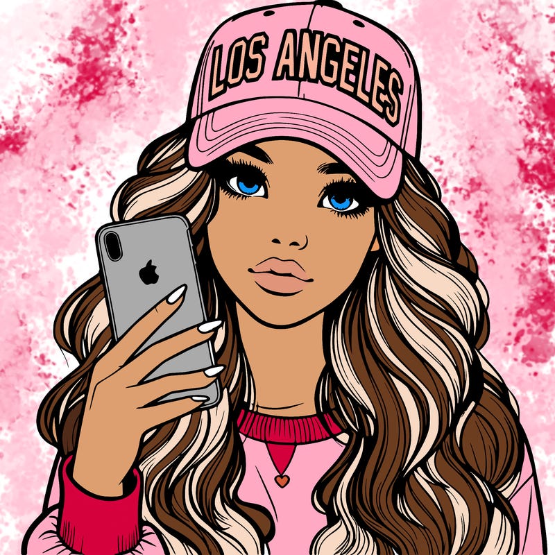 realistic beautiful girl wearing los ángeles cap holding an iphone
