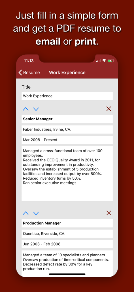 Resume Star: Pro CV Maker - Interface do usuário do aplicativo Resume Star mostrando o formulário de entrada de experiência profissional com campos de cargo e descrição