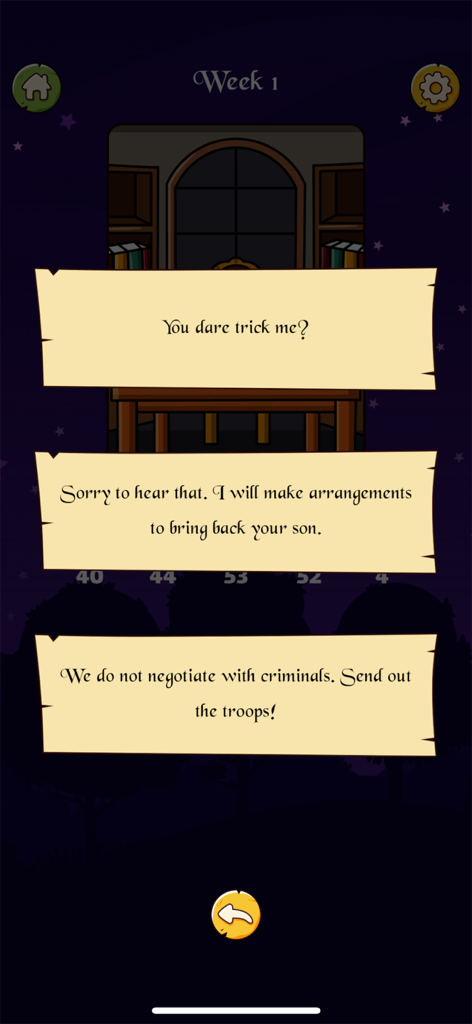 The Reeve - A gameplay screenshot from The Reeve showing a narrative choice between negotiation and military action in a medieval management simulator.