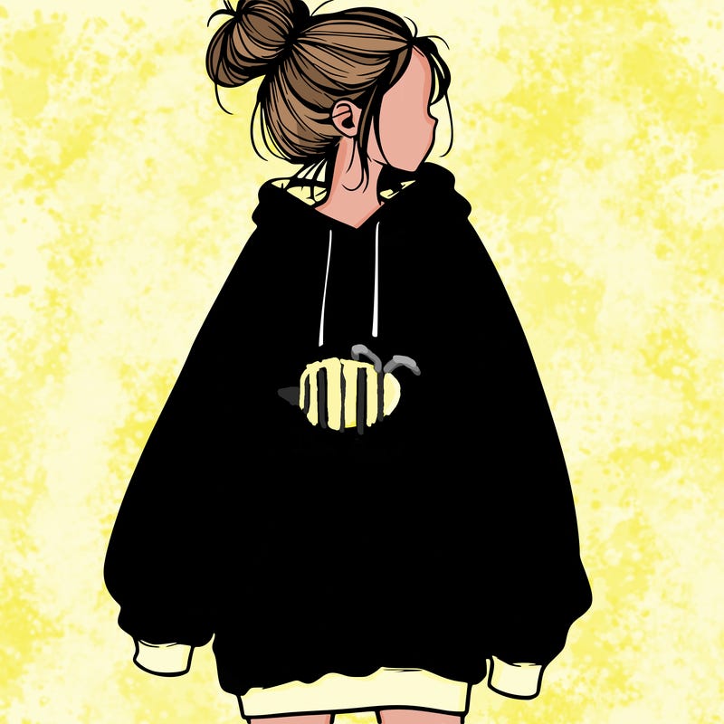 realistic girl with a oversized sweatshirt on and a bun