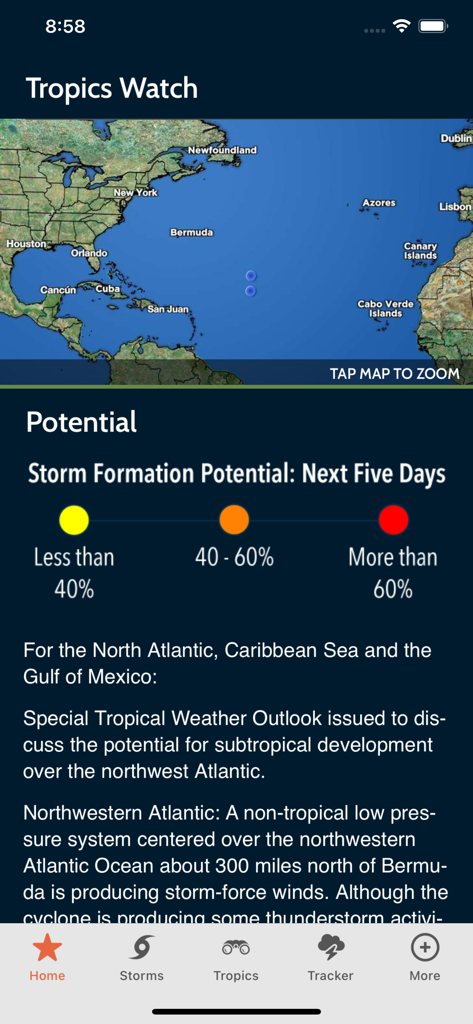 Max Tracker Hurricane WPLG - A screenshot of the Max Tracker Hurricane app showing a map of the Atlantic Ocean and storm formation potential categories for the next five days.