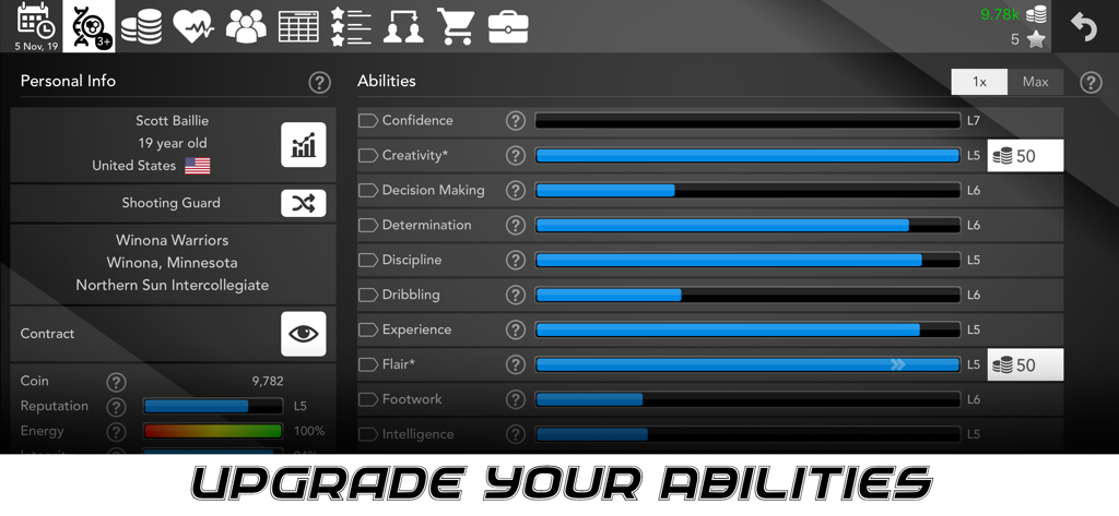 선수 능력치와 커리어 통계를 보여주는 농구 슈퍼스타 모바일 게임의 능력치 업그레이드 화면
