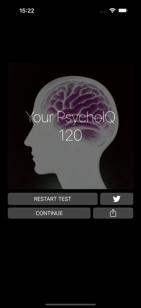 Mind Check & IQ Test :PsychoIQ - PsychoIQ app interface showing a test result score of 120 with a glowing brain silhouette.
