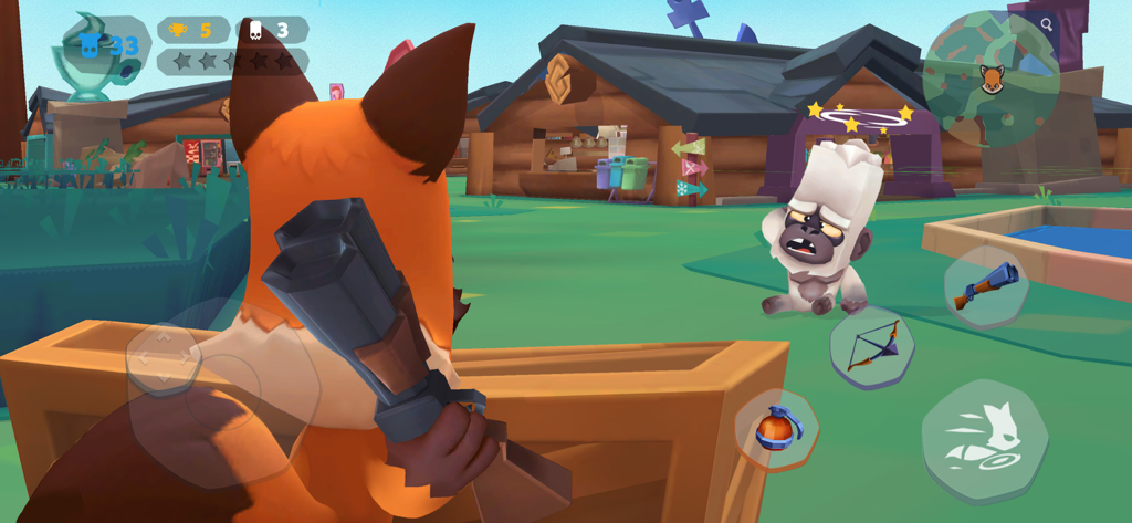 Zooba: Zoo Battle Royale Games - Third person view of a fox character aiming a shotgun at a stunned gorilla in the Zooba arena.