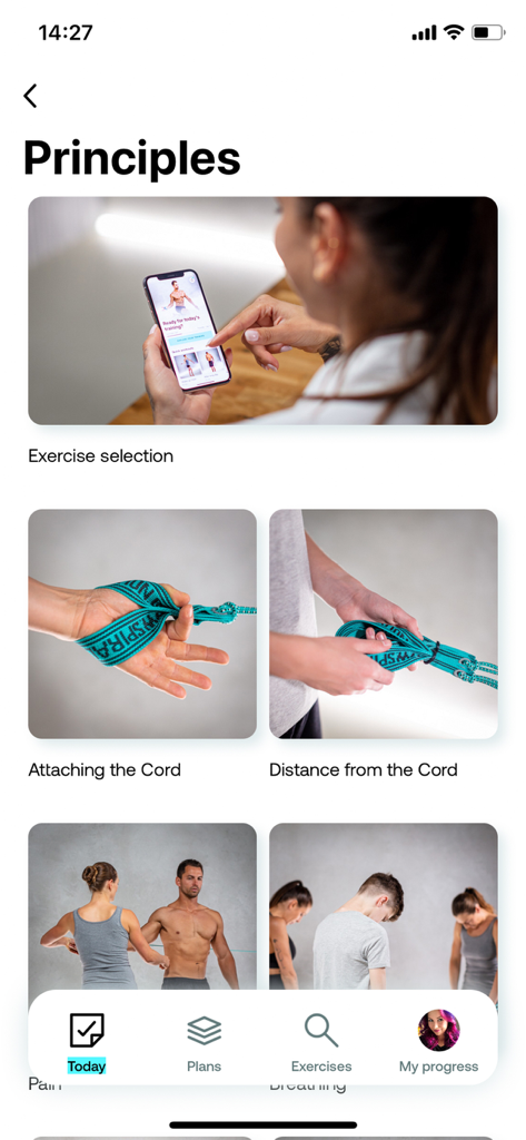 Spiralista - Back & Spine Care - Spiralista app Principles page showing exercise selection and elastic cord attachment instructions.