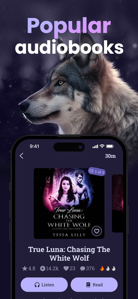 A smartphone showing the Moonlit app interface with a popular werewolf audiobook titled True Luna Chasing The White Wolf and options to listen or read.