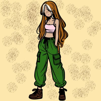 girl in baggy pants crop top and long hair