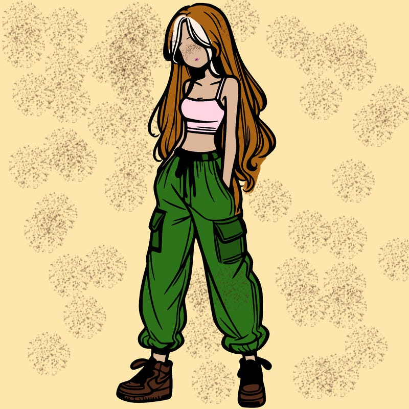 girl in baggy pants crop top and long hair