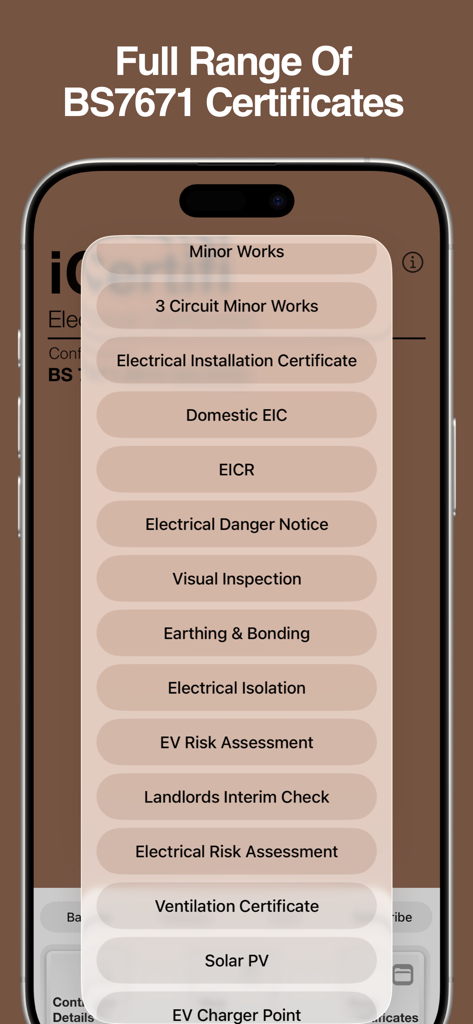 Un menu de certificats électriques BS7671 dans l'application mobile iCertifi
