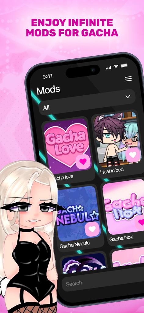 Gacha Life Club: Mods, Skins - Una interfaz móvil para Gacha Life Club mostrando varios mods descargables como Gacha Nebula y Gacha Nox junto a un personaje de anime rubio