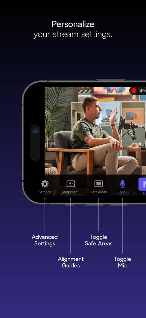 Interfaz de la aplicación NDI Camera mostrando configuraciones de transmisión personalizadas y controles de transmisión profesional