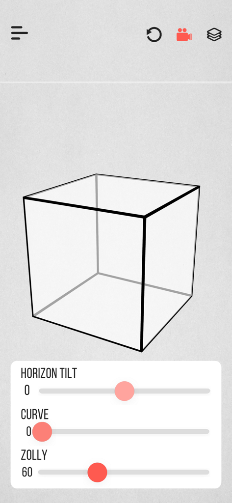 Zolly - Perspective Models - Oberfläche der Zolly-App, die einen Drahtgitterwürfel mit Perspektivreglern für Neigung des Horizonts und Zolly-Effekt zeigt