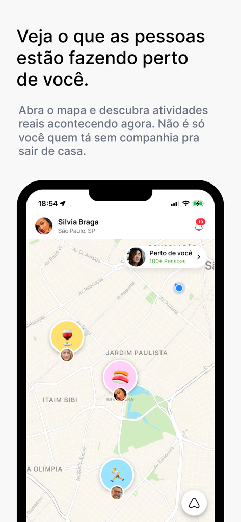 Boora - Una captura de pantalla de la interfaz de la aplicación Boora que muestra un mapa de la ciudad con íconos para actividades grupales como comer y hacer ejercicio para ayudar a los usuarios a conocer gente nueva.