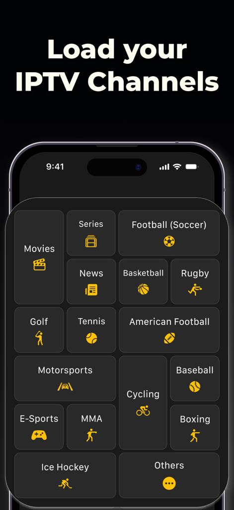 IPTV Smarters Player Pro Lite - L'interface IPTV Smarters Player Pro Lite montrant des catégories de chaînes pour les films, les nouvelles et divers sports