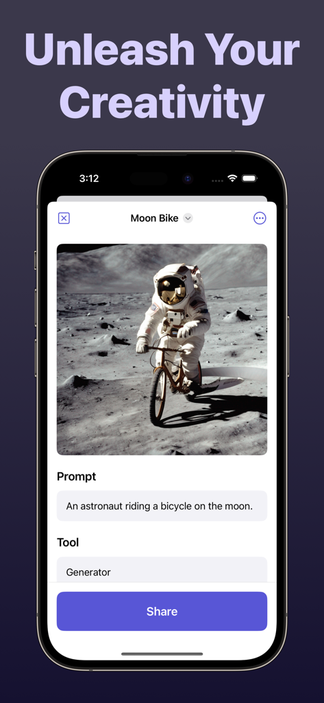 AI Image Generator - Flair - Flair AI app interface showing a generated image of an astronaut riding a bicycle on the moon from a text prompt