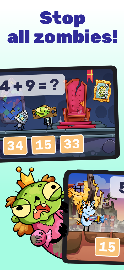 Math games: Zombie Invasion - A math addition problem in the Zombie Invasion educational game showing zombies and a unicorn character.