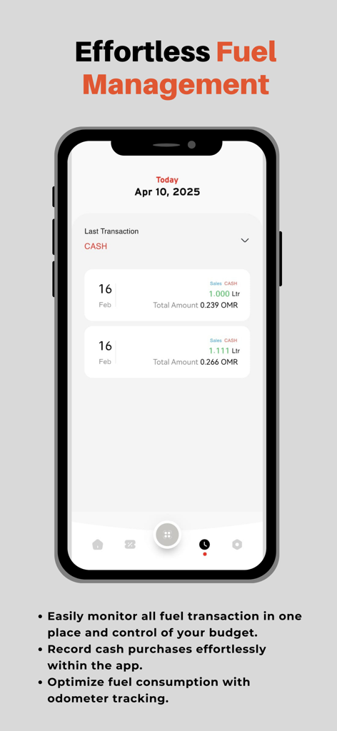 Benutzeroberfläche der mobilen Al Maha Plus-App, die den Kraftstofftransaktionsverlauf und Funktionen zur Budgetverwaltung anzeigt