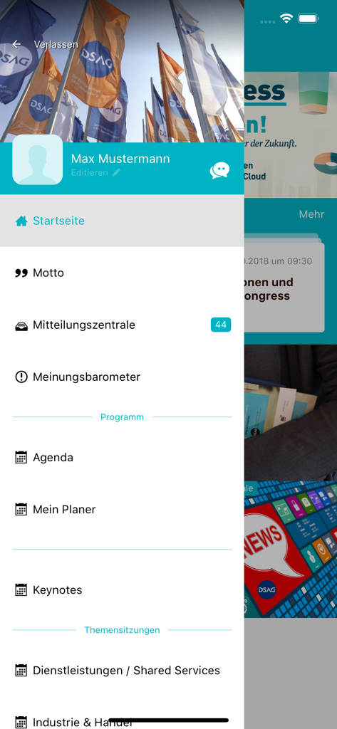 DSAG-Events - Menu de navegação lateral do aplicativo DSAG-Events exibindo o perfil do usuário e as opções do programa do evento