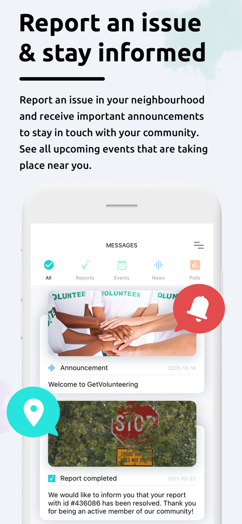 novoville - Interfaccia dell'app Novoville che mostra annunci della comunità e lo stato dei problemi locali segnalati