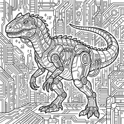 Embark on an epic coloring journey with this incredible Cyberpunk Allosaurus. This fearsome robotic dinosaur is ready for your creative touch amidst a futuristic, high-tech cityscape.